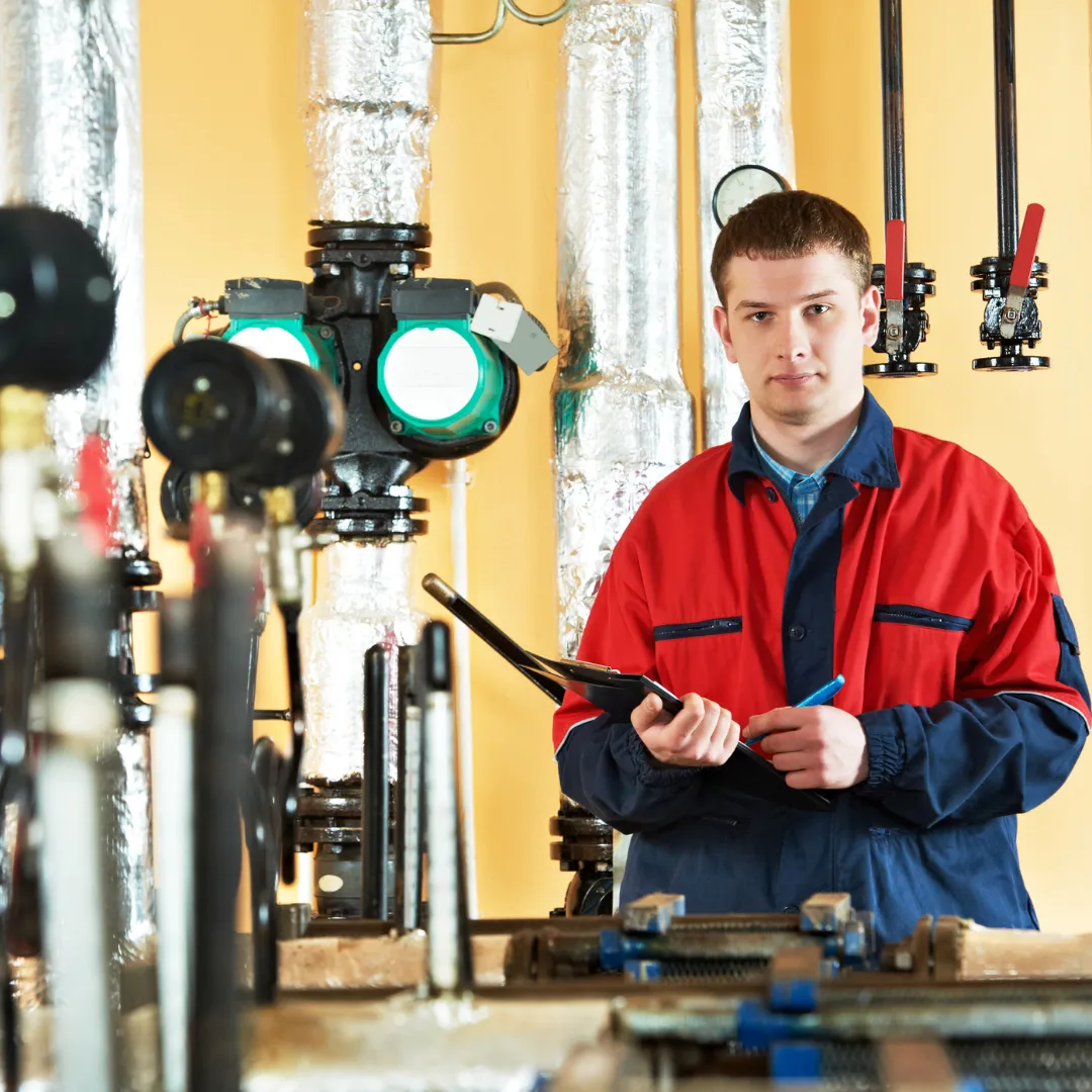 Energetický specialista při místním šetření v technické místnosti